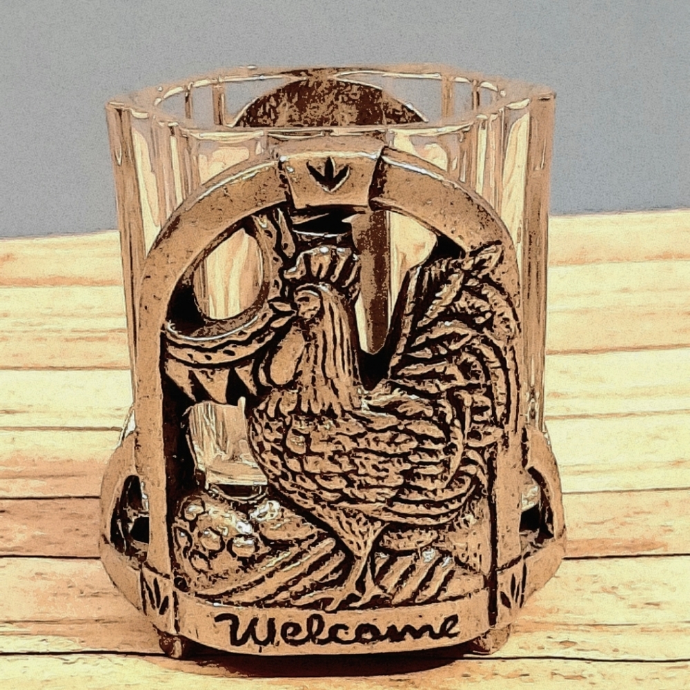 Candle Holder Crystal with Metal Rooster Welcome 3
